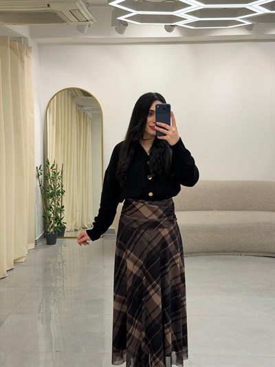 Drape Bel Detaylı Astarlı Desenli Etek Kahve