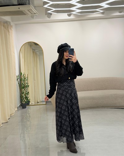 Drape Bel Detaylı Astarlı Desenli Etek Gri