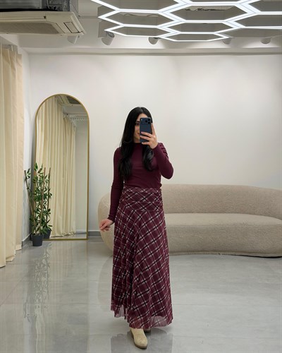 Drape Bel Detaylı Astarlı Desenli Etek Bordo