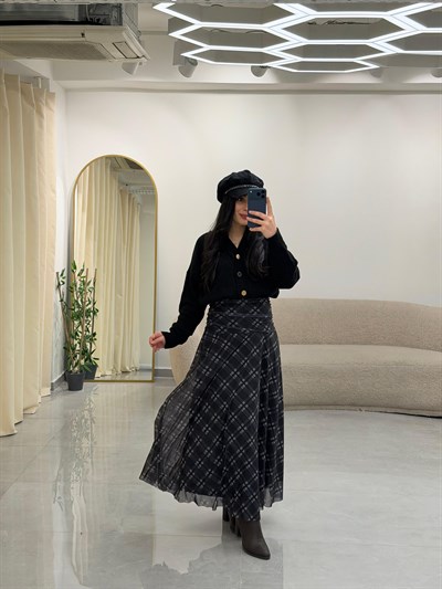 Drape Bel Detaylı Astarlı Desenli Etek Gri