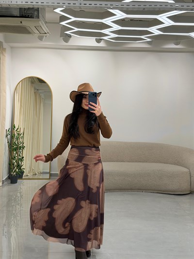 Drape Bel Detaylı Astarlı Desenli Etek