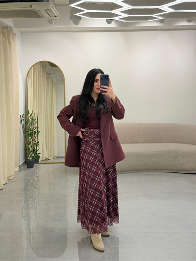 Drape Bel Detaylı Astarlı Desenli Etek Bordo