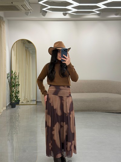 Drape Bel Detaylı Astarlı Desenli Etek