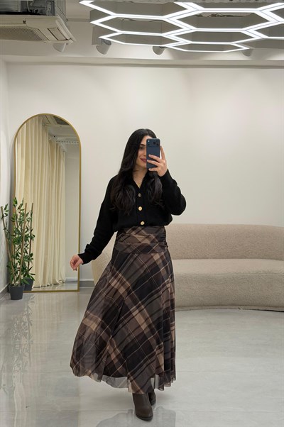 Drape Bel Detaylı Astarlı Desenli Etek Kahve