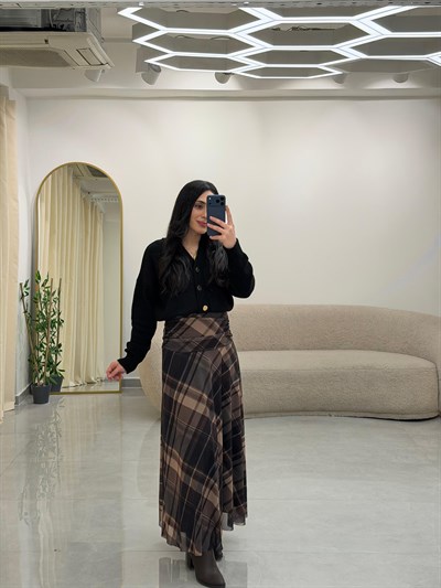 Drape Bel Detaylı Astarlı Desenli Etek Kahve