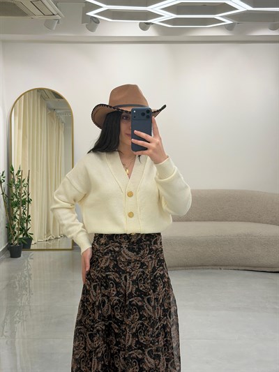 Drape Bel Detaylı Astarlı Etnik Desen Etek