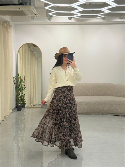 Drape Bel Detaylı Astarlı Etnik Desen Etek