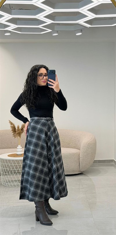 Ekose Desen Ön Düğmeli Etek