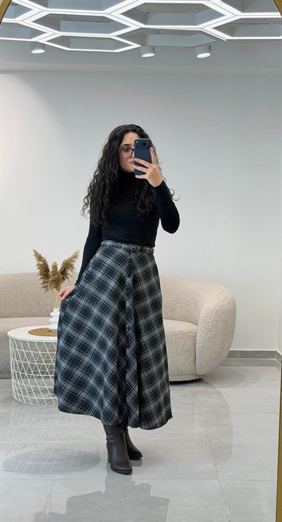 Ekose Desen Ön Düğmeli Etek