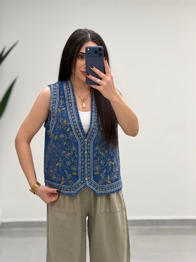Etnik Desen Nakış İşlemeli V Yaka Kot Yelek