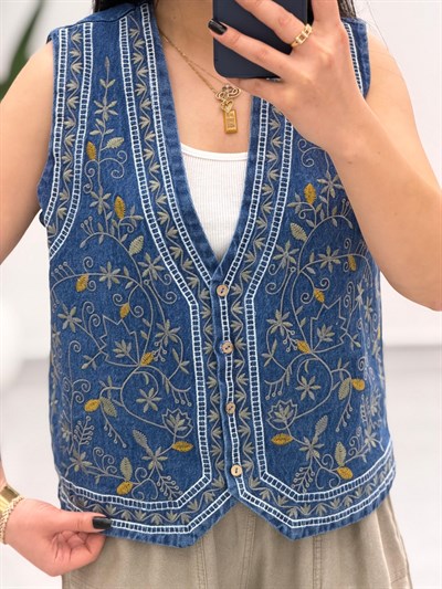 Etnik Desen Nakış İşlemeli V Yaka Kot Yelek