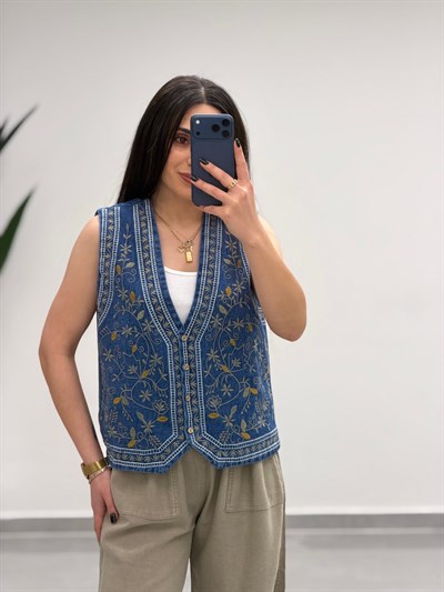 Etnik Desen Nakış İşlemeli V Yaka Kot Yelek