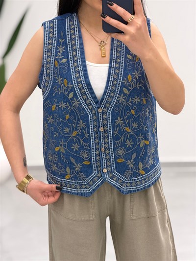 Etnik Desen Nakış İşlemeli V Yaka Kot Yelek