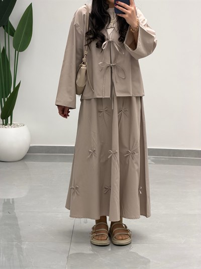 Fiyonk Detaylı Etek Kimono Takım Bej