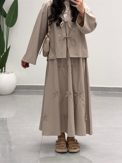Fiyonk Detaylı Etek Kimono Takım Bej