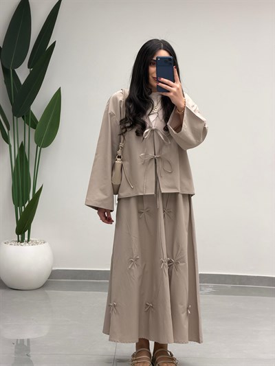 Fiyonk Detaylı Etek Kimono Takım Bej
