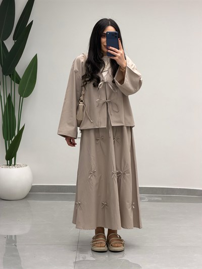 Fiyonk Detaylı Etek Kimono Takım Bej
