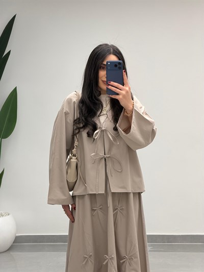 Fiyonk Detaylı Etek Kimono Takım Bej