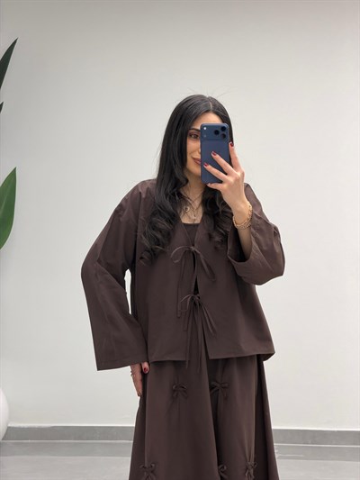 Fiyonk Detaylı Etek Kimono Takım Kahve