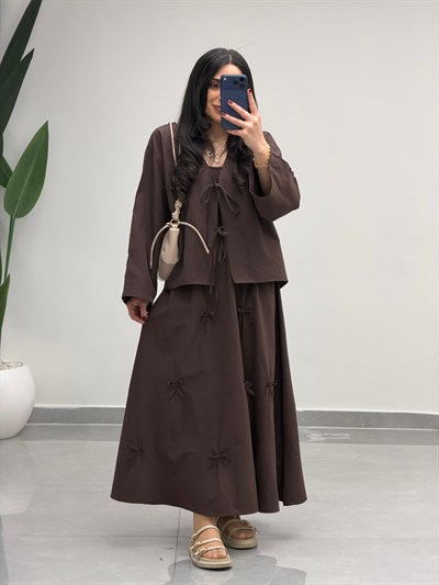 Fiyonk Detaylı Etek Kimono Takım Kahve