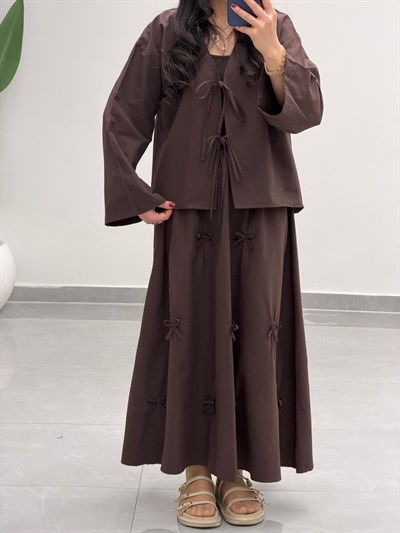 Fiyonk Detaylı Etek Kimono Takım Kahve