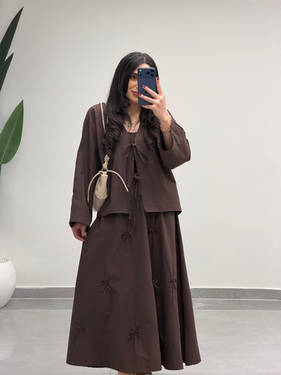 Fiyonk Detaylı Etek Kimono Takım Kahve