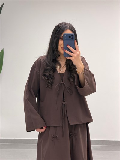Fiyonk Detaylı Etek Kimono Takım Kahve