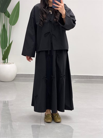 Fiyonk Detaylı Etek Kimono Takım Siyah