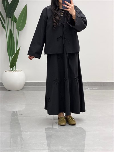 Fiyonk Detaylı Etek Kimono Takım Siyah
