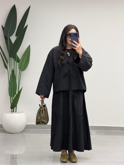 Fiyonk Detaylı Etek Kimono Takım Siyah