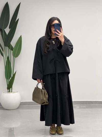 Fiyonk Detaylı Etek Kimono Takım Siyah