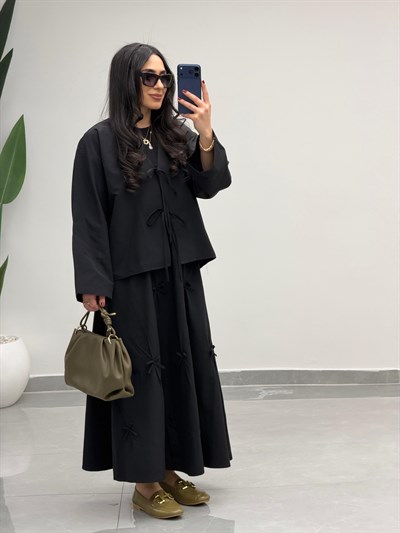 Fiyonk Detaylı Etek Kimono Takım Siyah