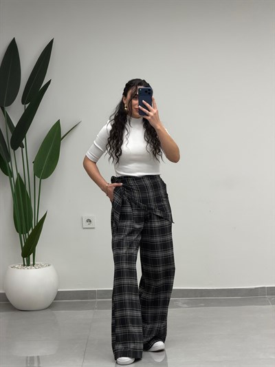 Fular Detaylı Marka Model Ekose Pantolon Siyah