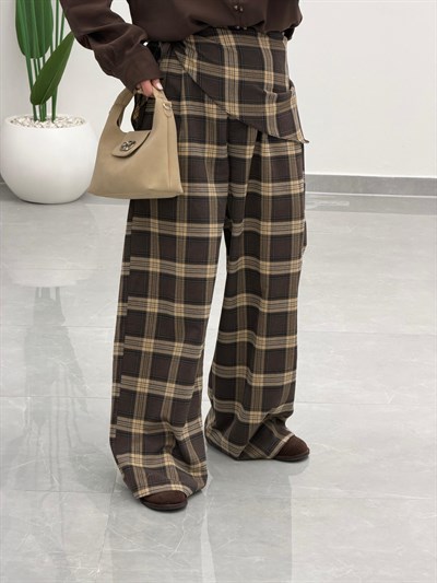 Fular Detaylı Marka Model Ekose Pantolon Kahve