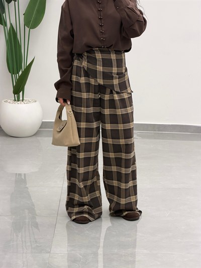 Fular Detaylı Marka Model Ekose Pantolon Kahve