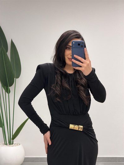 Gold Detaylı Vatkalı Elbise Siyah