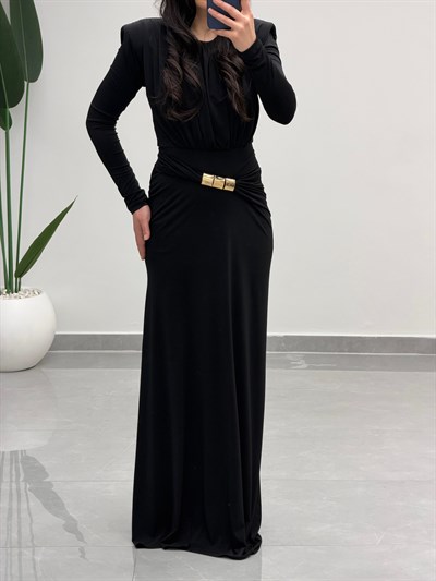 Gold Detaylı Vatkalı Elbise Siyah