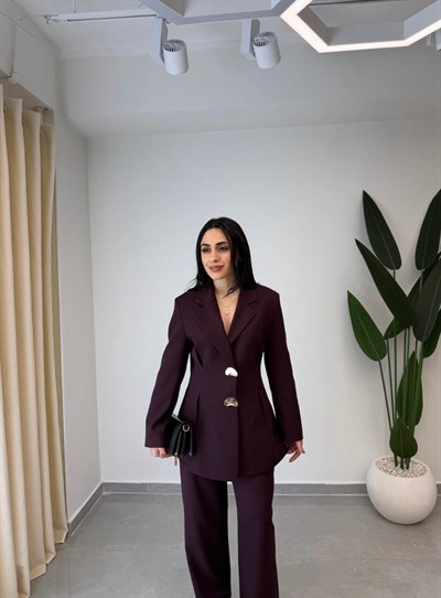 Gold Düğme Detaylı Ceket Pantolon İkili Takım Bordo