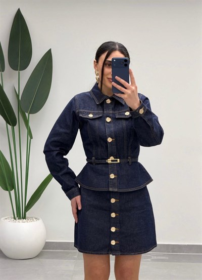 Gold Düğmeli Belden Kemerli Denim Takım