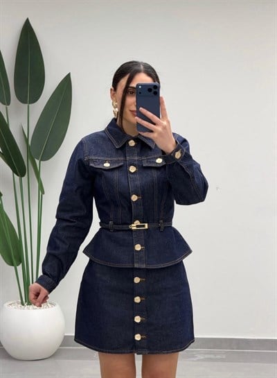 Gold Düğmeli Belden Kemerli Denim Takım