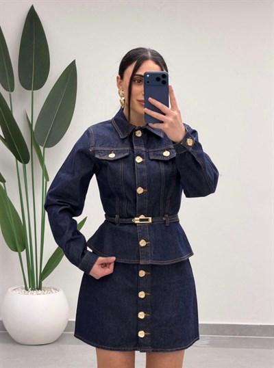 Gold Düğmeli Belden Kemerli Denim Takım