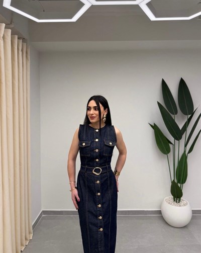 Gold Düğmeli Denim Elbise