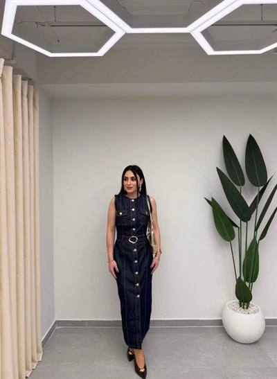Gold Düğmeli Denim Elbise
