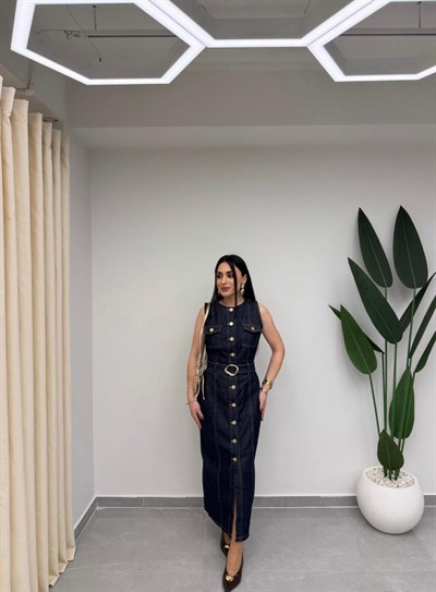 Gold Düğmeli Denim Elbise