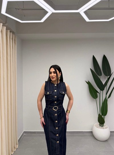 Gold Düğmeli Denim Elbise
