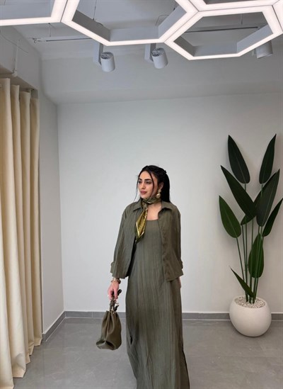 Gömlekli Askılı Elbise Takım Haki