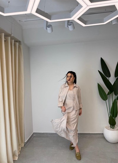 Gömlekli Askılı Elbise Takım Krem