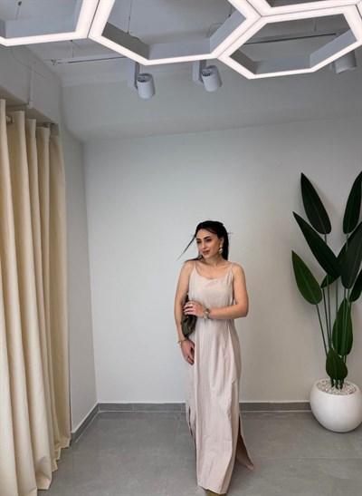 Gömlekli Askılı Elbise Takım Krem