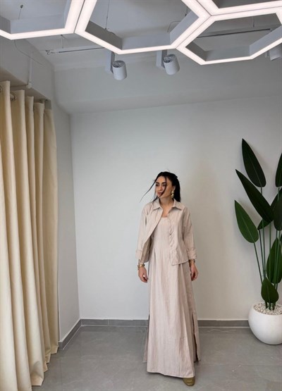 Gömlekli Askılı Elbise Takım Krem