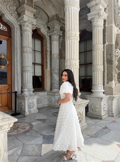 Gül Tasarım Balon Kol Elbise Beyaz